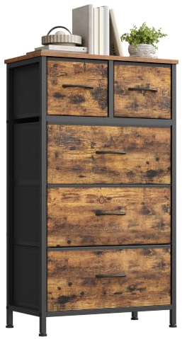 SONGMICS Kommode mit 5 Stoffschubladen, Aufbewahrungsschrank, Schrank für Schlafzimmer, Wohnzimmer, Flur, Stahlgestell, 50,6 x 30 x 96,2 cm, Rustikales Braun, BELLAH Kollektion LGS431K101