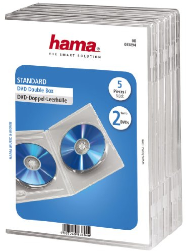 Hama Boîtier double (pour DVD, convient également aux CD et disques Blu-ray, avec film pour l'insertion de la jaquette, lot de 5) Transparent