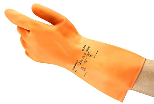 Ansell AlphaTec 87-370 Multi-Purpose Work Gloves, Chemical Resistant, Food Contact Approved, Long Cuff and Strong Grip, Safety Glove in Latex, Men Women, Reusable, Orange, Size M (12 Pairs)
