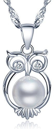 Unendlich U Unique 925 Sterling Silber Damen Halskette Eule 8mm Perle Anhänger Perlenkette