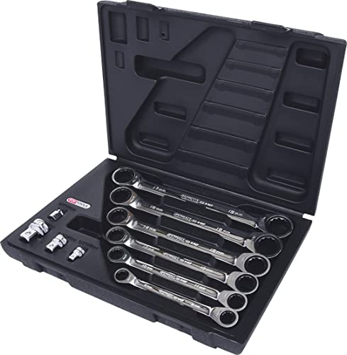 KS TOOLS 503.4560 - Jeu de 10 Clés polygonales à cliquet - Gamme GEARplus - 8 à 19 mm + 4 adapatateurs - En chrome Vanadium - Finition Satinée