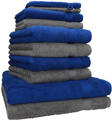 Betz Premium Frottier Handtuch-Set 10-teilig - 2X Duschtücher - 4X Handtücher - 2X Gästetücher - 2X Waschhandschuhe - Royal Blau & Anthrazit