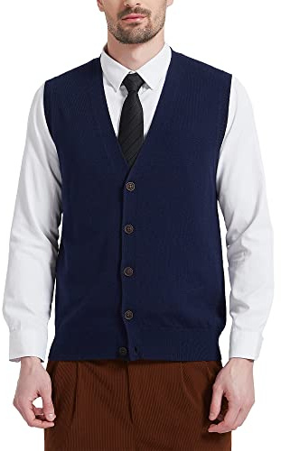 Kallspin Men's Cashmere WoolKnitted Gilets V Neck Sweater Vest Sleeveless Cardigan with Button (Navy Blue, M)