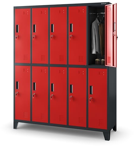 Jan Nowak Taquilla Vestuario Armario Metalico con 10 Compartimentos Portaetiquetas Ranuras de ventilación Recubrimiento de Polvo 172 cm x 136 cm x 45 cm (Antracita-Rojo)
