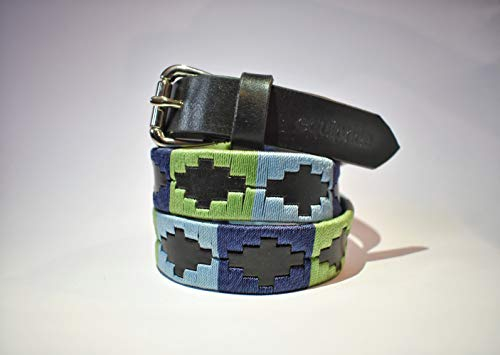 Equipride Kinder Unisex Argentinische Leder-Polo-Gürtel, Marineblau/Himmelblau/Grün, braunes leder, (34W) UK
