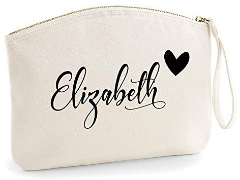 Personalisiert Name Initialen Kosmetiktasche Damen Schminktasche Handtasche Zubehör Taschen - Natürlich - L (28 x 22 cm) - Schwarzer Name und Herz