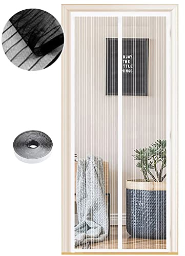 Magnetiskt insektsnät för dörrar, olika storlekar, 75 x 200 cm, kraftfulla magneter, automatisk stängning, uteplatsgardin, dörr utan borrning, vita ränder