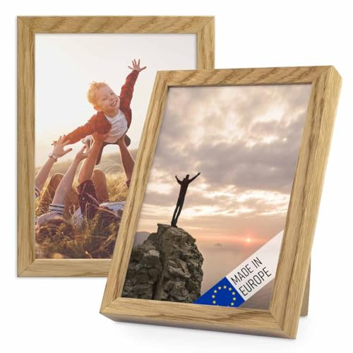 PHOTOLINI Bilderrahmen Holz 13x18 Eiche, Holzbilderrahmen Made in EU, 2er Set, bruchsicheres Acrylglas, zum Aufhängen & Aufstellen, extra Zubehör - für Ihre liebsten Fotos & Bilder