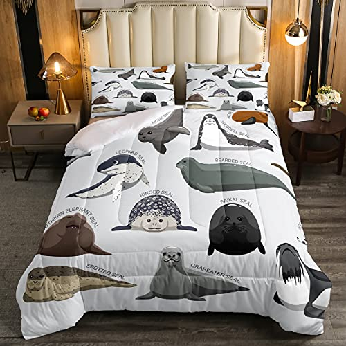 Feelyou Kids Cartoon Seal Comforter Set Full Size Cute Ocean Marine Animal Bedding Set for Boys Girls Teens Sea Creature Decor Comforter Seal Collection Duvet Set Bedroom Quilted