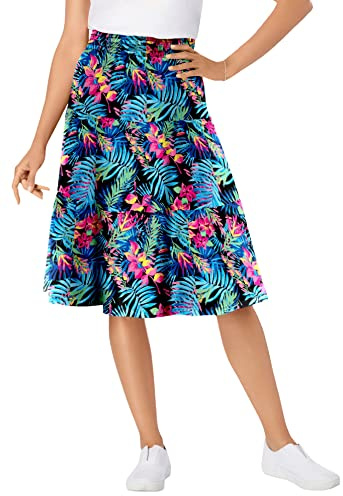 Woman Within Women's Plus Size Jersey Knit Tiered Skirt - 22/24, Black Multi Watercolor Tropicana
