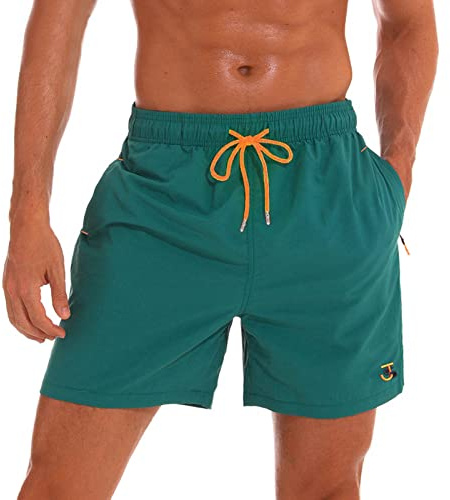 JustSun Bañador Hombre Bañadores Surferos Bañador Corto Hombre Natacion Traje de Baño Secado Rápido Impermeable con Bolsillo Cremallera Verde L