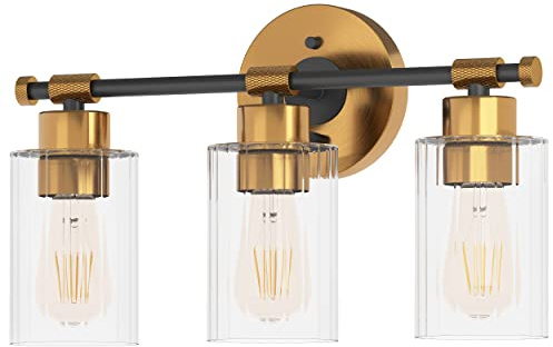 Inlight 16 Wide 3-Light Brass Gold Bathroom Vanity Light, Modern Black Bath Lighting, Clear Ribbed Glass Shade Wall Sconce, Bulb Not Included, IN-0445-3-GD