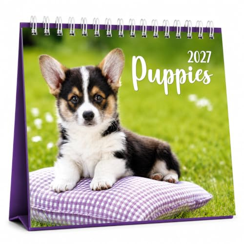 2027 Desk Top Calendar Month to View Flip Over Home Office School Square Planner Size 17cm x 17cm (Puppies)