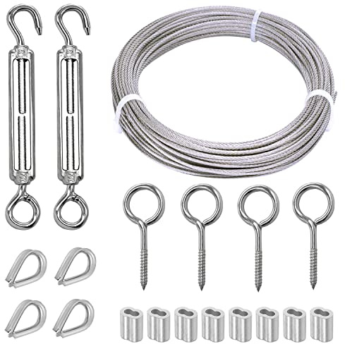 KNLN/304 Stainless Steel 66ft Wire Rope Kit with M5 Turnbuckle Tension Hook and Eye Screw,1/16 Wire Rope Thimbles,Wire Rope Crimping Loop Sleeves for Cable Railing Clothesline DIY Balustrades etc