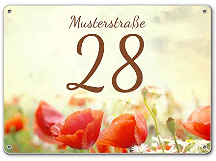 banjado® Hausnummernschild personalisierbar Motiv Kamille Und Mohn - Hausschild personalisiert Draußen mit Straßennamen möglich - Hausnummernschild Edelstahl versch. Motive - inkl. Montagematerial