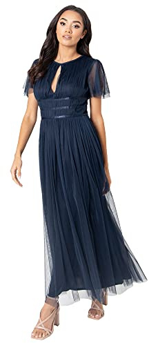 Anaya with Love Damen Ladies Midaxi Dress for Women High Waist Keyhole Short Flutter Sleeve Crew Neckline for Wedding Guest Bridesmaids Prom Kleid, Navy Blue,