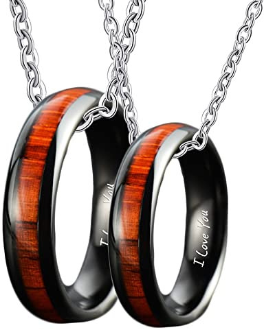 2pcs Partner Ketten mit Ring Anhänger Edelstahl, Partner Ketten Wunsch Text mit Gravur I Love You Holz, Schwarz für Frauen Männer - 6MM Breite, 60/ 50cm Länge, Damen 54 Herren 62