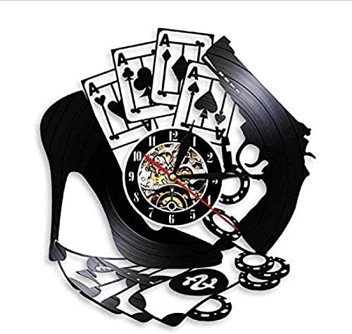 AVJERA Tacones Altos Pistola de póquer Juego Ganador Reloj de Pared Disco de Vinilo Reloj de Pared Las Vegas Poker Logo Pared Pizarra Chip Reloj de Pared de Cuatro Ejes