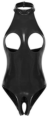 CHICTRY Women's Leotard Patent Leather Opening Breast Bodysuit Zipper Crotch Catsuit Clubwear Teddy, Black, S