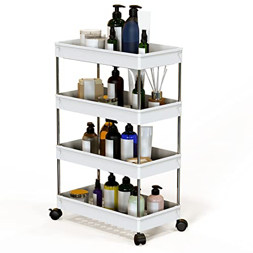 Lvhecforhm Küchenwagen mit 4 Ebenen, Küchenregal auf Rollen, Rollwagen Schmal 40x22.5x86cm Weiß, Mobiler Aufbewahrungsregal Beistellwagen, Nischenregal 22cm Breit, Mehrzweckwagen für Küche Badezimmer