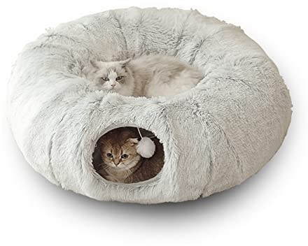 Katzentunnelbett – Flauschige Katzenbetthöhle Mit Zusammenklappbarem Donut-Tunnel Und Waschbarer Matte; Multifunktionales Katzenspielzeug Mit Hängenden Bällen