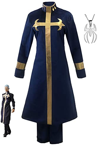 Anime Jojo's Bizarre Adventure Enrico Pucci Cosplay Kostüm Outfits Uniform mit Halskette Halloween-Karnevalsparty-Verkleidung für Erwachsene Geeignet für Bühnenaufführungen, Anime-Messen (Blau, L)