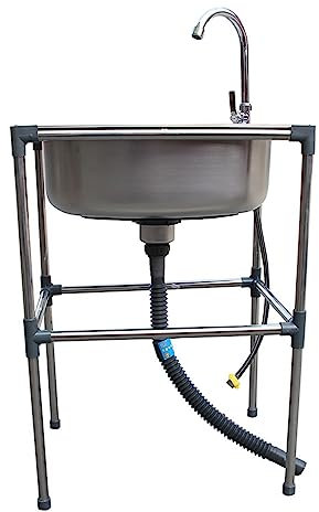 Évier Utilitaire Plonge Inox avec Support, 42x36cm Évier de Cuisine Commercial avec Robinet Froid Unique, pour Garage, Atelier, Buanderie, Camping en Plein Air