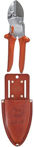 Original LÖWE 1 Set bestehend aus Profi Amboss-Gartenschere 1.104 für Holzarten wie Buche und Esche & Leder Premium Holster 9809 mit Gürtel-Clip zur Aufbewahrung am Gürtel oder Hosentasche