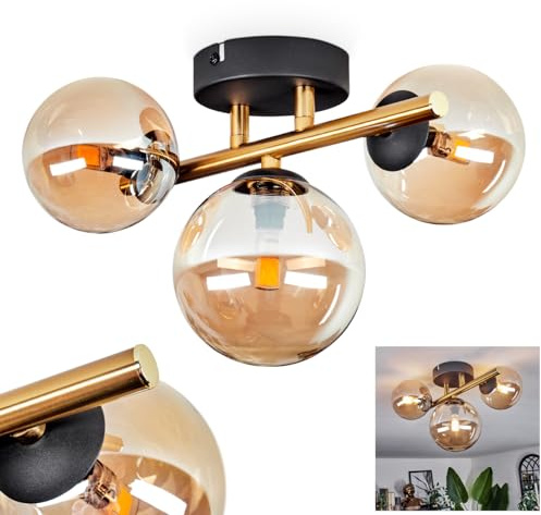 HOFSTEIN Deckenleuchte Chehalis, 3-flammige Deckenlampe aus Metall/Glas in Schwarz/Gold/Bernstein, Leuchte im Retro/Vintage-Design, Ø Schirme 10; 12 cm, G9, Esszimmer, Schlafzimmer, Wohnzimmer, Küche