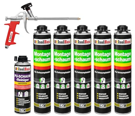 Isolbau Bauschaum-Set - Inkl. 5 x 1K Montageschaum B2 Pistolenschaum mit hervorragender Schall und Wärmedämmung (je 750 ml), 1 x PU-Schaum-Reiniger (500 ml) & 1 x Schaumpistole, Abdichten