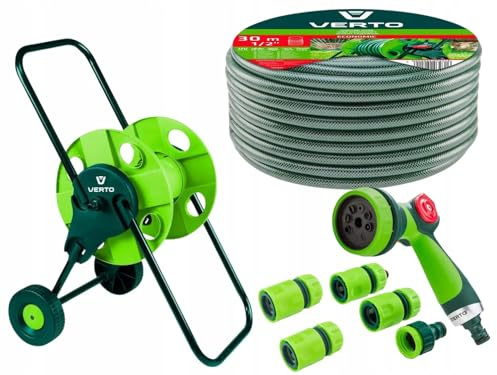 VERTO Schlauchwagen mit Schlauch 1/2 Zoll 30 m + Wasserspritze | + 3 x Schlauchverbinder, Wasserstop, Hahnverbinder, Gartenbewässerung Komplettes Starterset