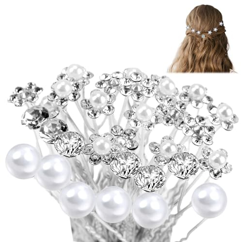 30 Pcs Pearl Hair Pins, Wedding Crystal Hair Pins Set Bridal U Shaped Diamond Rhinestone Hair Clips 5 styles Fancy Hair Jewelry Accessories for Wedding Bride Bridesmaid Girls Women Prom Party Ball