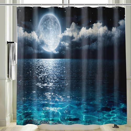Vgzsyomqib Schwarz Meer Duschvorhang 180x200 Lang Anti Schimmel Wasserdicht für Badewanne Stoff Shower Curtains 3D Mond Wolken Blau Ocean Duschvorhänge Waschbar Textil mit Ringen