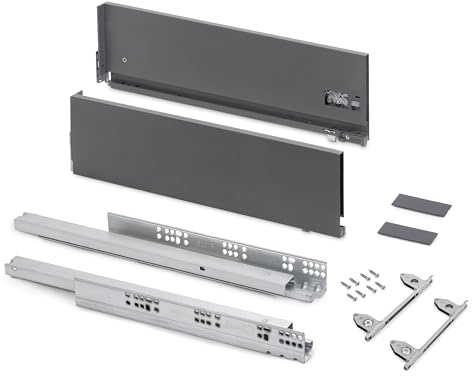 Emuca - Kit cajón para cocina o baño con regulación 3D, altura 178mm, profundidad 500mm, 40 Kg, cierre suave, tableros no incluidos, Acero, Gris antracita