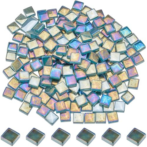 SOFPLATE 1 Box 200Pcs Iridescent Glass Mosaic Tiles Square Mosaic Tiles Bulk Crystal Cabochons Mosaic Tiles Pieces Accessories for Crafts Stepping Stone DIY Mosaic Making Picture Frames Home Decor