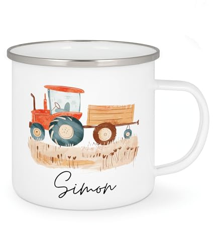 Personalisierte Emaille Tasse für Kinder - Traktor Bauernhof Designs, Geschenk, Perfekt für Zuhause, Alltagsbegleiter (Traktor 4)