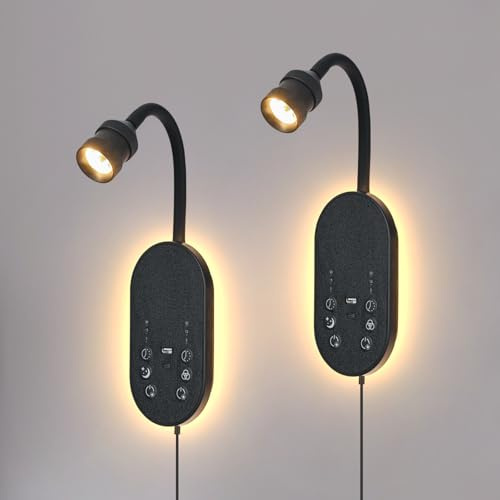 Wall Mount Reading Light for Bed Set of 2, Reading Lamp with USB C+A, Stepless Dimmable Touch Control Book Lights, Flexible Gooseneck Plug in Wall Sconces, 2 Easy Install Options Bedside Lamp