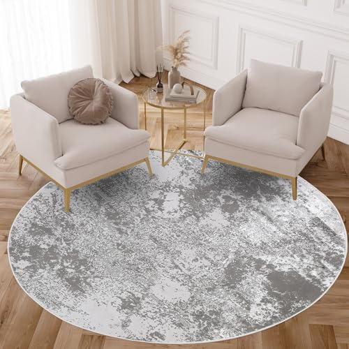 TAPISO Crystal Rund Teppich Kurzflor Glänzend Hellgrau Schwarz 120 x 120 cm | Marmoreffekt 3D Effekt Wohnzimmer Schlafzimmer Modern Design OEKO-TEX