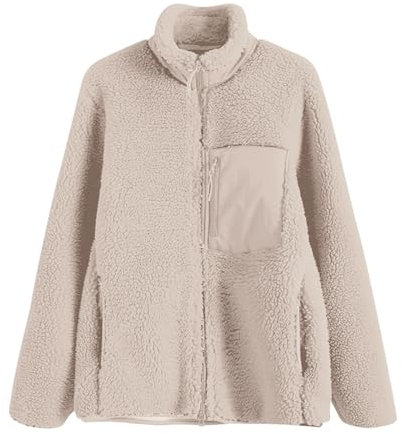 Teddy Fleecejacke Damen Warm, Winterjacke Mit Brusttasche Stehkragen Plüschjacke Langarm Sweatshirtjacke Zweifarbig Sportjacke Langarm Trainingsjacke Sportlich Übergangsjacke