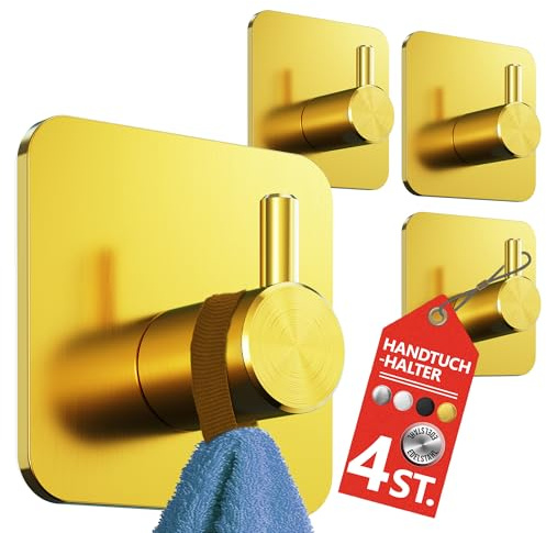 4smile Handtuchhalter ohne Bohren, 4 Stück in Gold | Wasserfeste Badezimmer Handtuchhalter, Edelstahl Klebehaken für Bad, Küche - Extra-starke Haken selbstklebend, Handtuchhaken