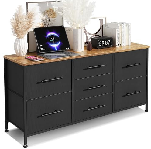 KIRVOVIY Chest of Drawers, Dresser for Bedroom with 7 Fabric Drawers, TV Stand on Castors, Storage Organizer for Living Room, Metal Frame and Wooden Top, Black