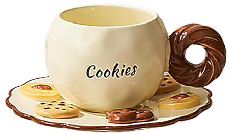 320ml Creative Biscuit Coffee Mug Plate Set,Oatmeal Milk Breakfast Cup,Afternoon Tea Dessert Cup Water Cup for Girls, Brown