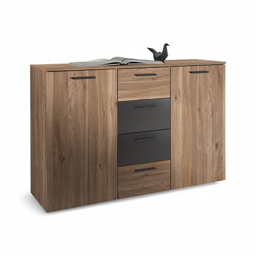 Stella Trading ASCHAU Kommode in Mauvella Eiche Optik und Graphit | 140 x 89 x 38 cm (B/H/T), Schlafzimmer, 2 Türen, 4 Schubkästen, viel Stauraum, moderne Optik