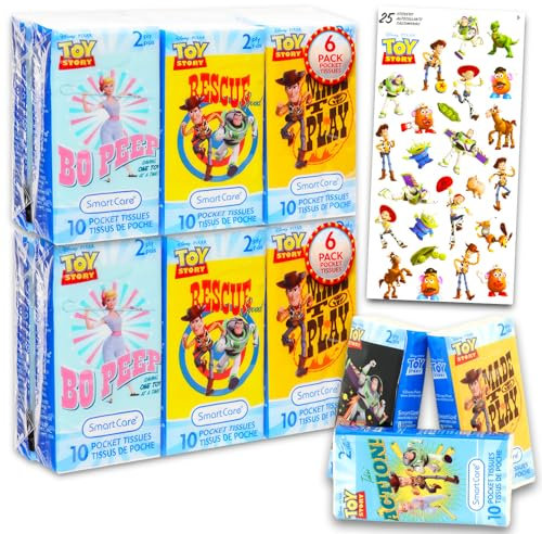 Toy Story - Confezione di fazzoletti per il viso tascabili, 12 confezioni da 10 fogli (120 fazzoletti) e adesivi, Disney Toy Story, fazzoletti per lo smaltimento di viaggi, scuola, aula