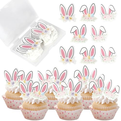 48 Stück Essbar Hasenohren Tortendeko Ostern Hasenohr Kuchen Deko Reis Papier Waffel Papier Cupcake Toppers für Ostern Kaninchen Thema Baby Dusche Kinder Geburtstag Party Kuchen Dekorationen Rosa