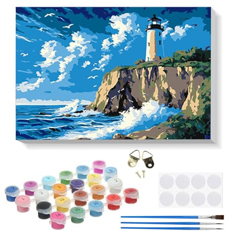 RICUVED Faro Marino Acantilado Pintura por Números 20x30cm para Adultos y Niños con Marco de Madera -Paisaje Kit Completo con Pinceles, Pinturas y Lienzo para Decoración de Pared y Regalo Creativo