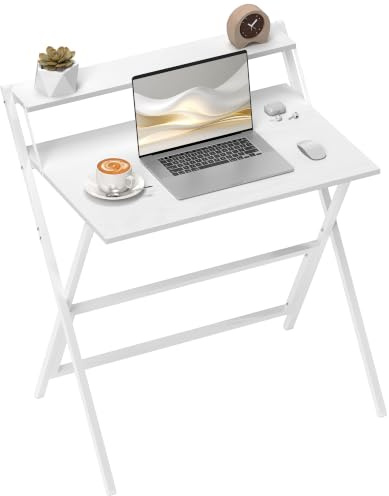 HOMCOM Scrivania Salvaspazio Pieghevole 81.5x62x86.5 cm Bianco | Con Ripiano per Monitor, Tavolo per Computer Piccola, Richiudibile, da Ufficio e Studio, in Acciaio