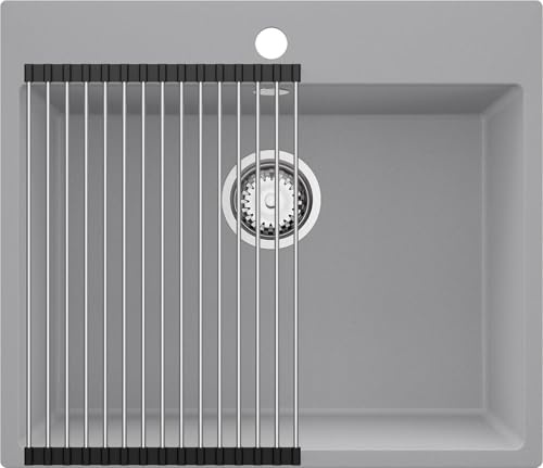 PRIMAGRAN Spülbecken ab 60er Unterschrank + Ablauf-Set, 58x50cm | Set: Ablauf-Set (Siphon, Ablaufgarnitur, Überlauf) + Abtropfmatte + Granitspüle 1 Becken - Riga, Grau