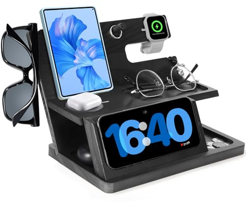 Gifts for Men 3-in-1 Charging Stand iPhone 16 Wireless Charger Station, Nightstand Organizer Wood, Fathers Day Perfect for Dad Husband Boyfriend Son, for iPhone 16/15/14/13/12 Max Plus AirPods, Watch