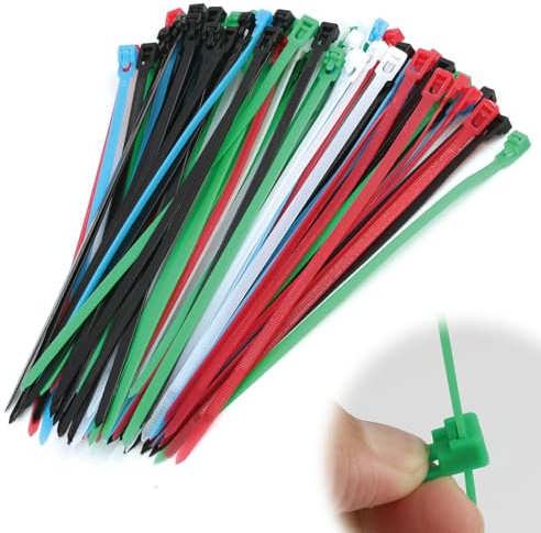 100 psc Coloured Cable Ties 200mm, 8 Reusable Zip Ties- in Red, Yellow, Green, Blue, Black, White - UV Resistant Nylon PA66 - for Organizing, Securing & DIY Projects